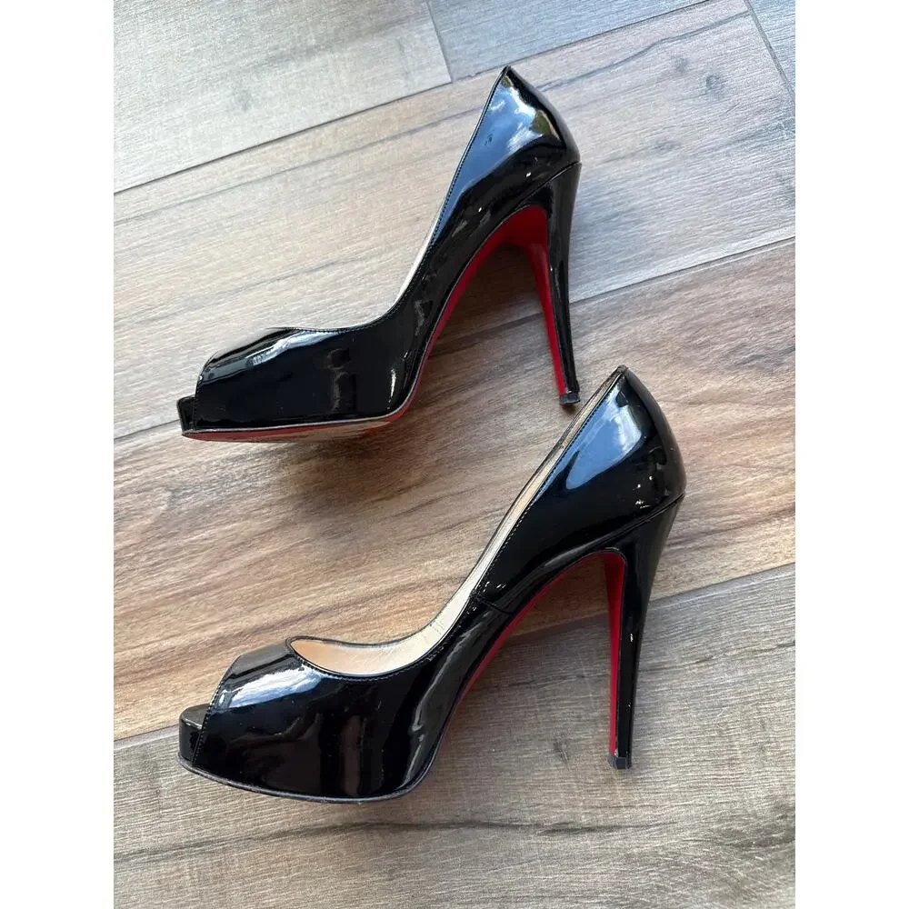 Christian Louboutin Very Prive 120 Black Patent Peep Toe Pumps 36.5